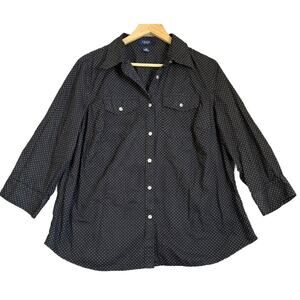 Chaps Shirt Womens 1X Black Polka Dot Cotton 3/4 Sleeve Silver Button Up Pockets